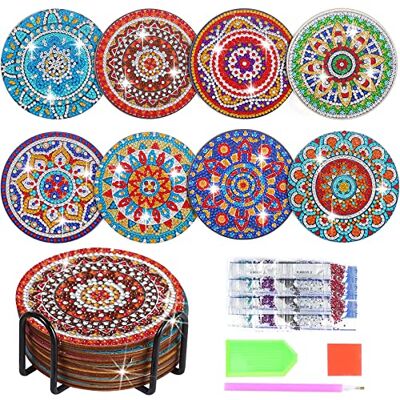 Vecibel Pack of 8 Diamond Painting Coasters with Holder, DIY 5D Diamond Art Painting Mandala Diamond Painting Adult Diamond Painting Sets, DIY Mandala Coasters for Crafts Adults, 15 x 12 x 6 cm Vecibel Pack of 8 Diamond Painting Coasters with Holder, DIY 5D Diamond Art Painting Mandala Diamond Painting Adult Diamond Painting Sets, DIY Mandala Coasters for Crafts Adults, 15 x 12 x 6 cm