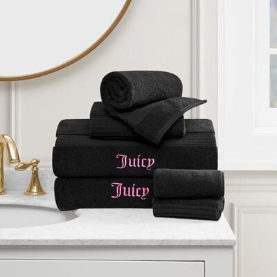 Juicy Couture Alyssa Luxurious 6 Piece Bath Towel Set (2) Bath Towels, (2) Hand Towels, and (2) Washcloths Black Premium Bathroom Towel Set Juicy Couture Alyssa Luxurious 6 Piece Bath Towel Set (2) Bath Towels, (2) Hand Towels, and (2) Washcloths Black Premium Bathroom Towel Set