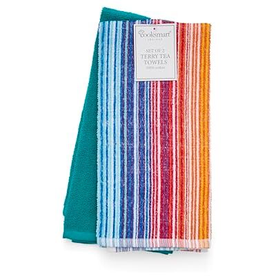 Cooksmart Pack of 2 Rainbow Pattern Terry Tea Towels British Designed, Highly Absorbent, Soft Cotton, Kitchen Drying, Durable Fabric, Machine Washable, Everyday Use Cooksmart Pack of 2 Rainbow Pattern Terry Tea Towels British Designed, Highly Absorbent, Soft Cotton, Kitchen Drying, Durable Fabric, Machine Washable, Everyday Use
