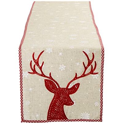 DII Holiday Decorative Table Runner Red Reindeer Embroidered, 14x70 DII Holiday Decorative Table Runner Red Reindeer Embroidered, 14x70
