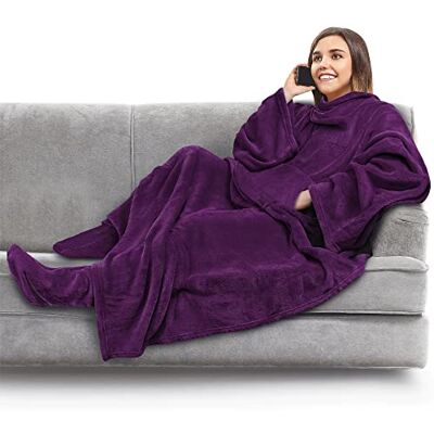 PAVILIA Fleece Blanket with Sleeves and Foot Pockets for Women Men Adults, Wearable Blanket Sleeved Throw Wrap, Plush Hug Sleep Pod Snuggle Blanket Robe, Cozy Gift Ideas Wife Mom, Dark Purple PAVILIA Fleece Blanket with Sleeves and Foot Pockets for Women Men Adults, Wearable Blanket Sleeved Throw Wrap, Plush Hug Sleep Pod Snuggle Blanket Robe, Cozy Gift Ideas Wife Mom, Dark Purple