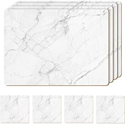 Moderry Set of 4 Heat Resistant Cork Placemats for Dining Table with Free Set of 4 Matching Drink Coasters Marble Design 16 x 12 Inches Cork Backed Hard Placemats (White Marble) Moderry Set of 4 Heat Resistant Cork Placemats for Dining Table with Free Set of 4 Matching Drink Coasters Marble Design 16 x 12 Inches Cork Backed Hard Placemats (White Marble)