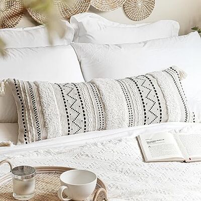 BlissBlush Decorative Lumbar Throw Pillow Cover 14x36 Boho Long Cushion for Bed Black Neutral White Accent Farmhouse Pillowcase for Bedroom Living Room Couch Sofa Home Décor Cover ONLY BlissBlush Decorative Lumbar Throw Pillow Cover 14x36 Boho Long Cushion for Bed Black Neutral White Accent Farmhouse Pillowcase for Bedroom Living Room Couch Sofa Home Décor Cover ONLY