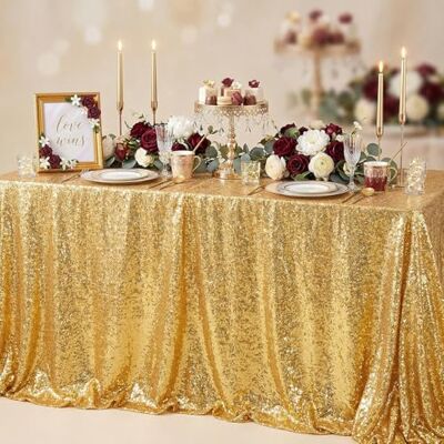 QueenDream Glitter Gold Tablecloth for Parties 90x156 Inch Sequin Fabric Rectangle Table Cloth for Wedding Birthday Banquet QueenDream Glitter Gold Tablecloth for Parties 90x156 Inch Sequin Fabric Rectangle Table Cloth for Wedding Birthday Banquet