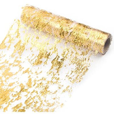 Ohanniewa Gold Table Runner 11 inch x 32 Feet Glitter Metallic Gold Foil Mesh Table Runner Roll Table Decorations for Wedding, Birthday, Banquet, Christmas Ohanniewa Gold Table Runner 11 inch x 32 Feet Glitter Metallic Gold Foil Mesh Table Runner Roll Table Decorations for Wedding, Birthday, Banquet, Christmas