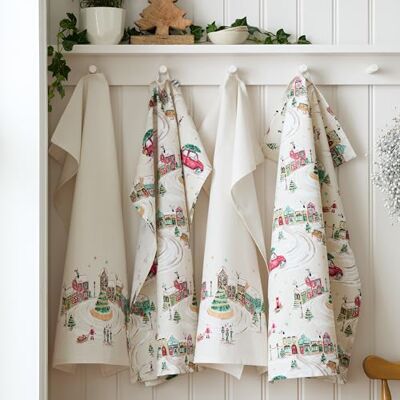 Catherine Lansfield Christmas Town Cotton 50x75cm Kitchen Tea Towel Pack of 4 Natural Catherine Lansfield Christmas Town Cotton 50x75cm Kitchen Tea Towel Pack of 4 Natural