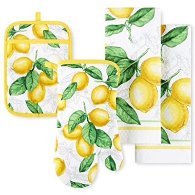 Martha Stewart Lots of Lemons Modern Kitchen Towel, Oven Mitt & Potholder Set, 4-Pack, White-Yellow Martha Stewart Lots of Lemons Modern Kitchen Towel, Oven Mitt & Potholder Set, 4-Pack, White-Yellow