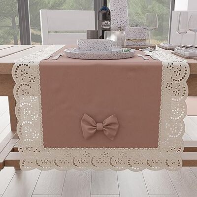 PETTI Artigiani Italiani Elegant Cotton Table Runner for Kitchen Table, Living Room, Dining Room, Solid Colour Tablecloths with Lace Frill and Bows 40 x 140 cm, Powder PETTI Artigiani Italiani Elegant Cotton Table Runner for Kitchen Table, Living Room, Dining Room, Solid Colour Tablecloths with Lace Frill and Bows 40 x 140 cm, Powder