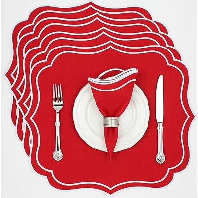 Bryonia Cotton Linen Placemats Set of 4 Double Layered, Machine Washable, Wrinkle Resistance, Scalloped & Embroidered Cloth Table Mats Fall, Halloween Mat, 19 x 17 inch, Red Bryonia Cotton Linen Placemats Set of 4 Double Layered, Machine Washable, Wrinkle Resistance, Scalloped & Embroidered Cloth Table Mats Fall, Halloween Mat, 19 x 17 inch, Red