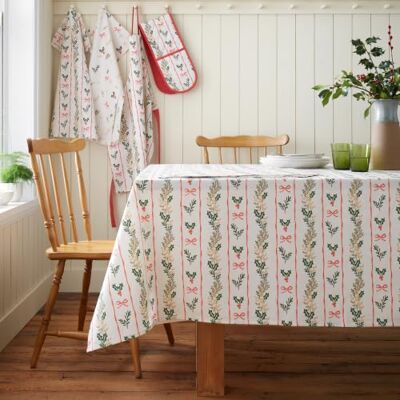 Catherine Lansfield Christmas Holly Stripe 137x178cm Table Cloth Cream/Red Catherine Lansfield Christmas Holly Stripe 137x178cm Table Cloth Cream/Red