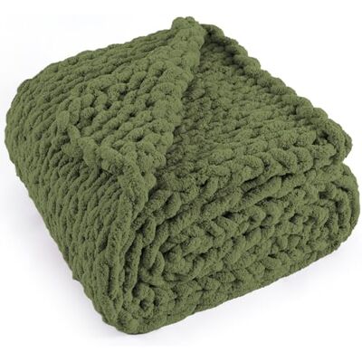 LONG CREATE Chunky Knit Throw Blanket 50"X 60", 100% Handmade with Soft Chenille Yarn, 4.4lbs Thick Cable Knitted Blankets, Large Rope Knot Crochet Throws for Couch Sofa Bed Home Decor, Olive Green LONG CREATE Chunky Knit Throw Blanket 50"X 60", 100% Handmade with Soft Chenille Yarn, 4.4lbs Thick Cable Knitted Blankets, Large Rope Knot Crochet Throws for Couch Sofa Bed Home Decor, Olive Green