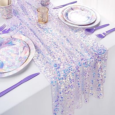 QueenDream Sequin Iridescent Table Runner 25x120 Inches Purple Table Runners Sparkly Lavender Fabric Mermaid Party Decorations QueenDream Sequin Iridescent Table Runner 25x120 Inches Purple Table Runners Sparkly Lavender Fabric Mermaid Party Decorations
