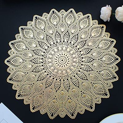 Mabbcoo Gold Round Placemats, Hollow Out Washable and Wipeable Place Mats, Pressed Vinyl Table Mats Set of 6 for Anniversary Dinner Kitchen Decorations Mabbcoo Gold Round Placemats, Hollow Out Washable and Wipeable Place Mats, Pressed Vinyl Table Mats Set of 6 for Anniversary Dinner Kitchen Decorations