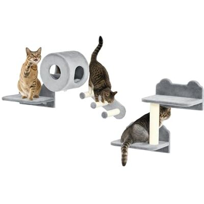 PawHut 4PCs Wall Mounted Cat Tree, Cat Wall Furniture with Platforms, Steps, Scratching Post, Perch, Kitty House for Indoor Kittens Grey PawHut 4PCs Wall Mounted Cat Tree, Cat Wall Furniture with Platforms, Steps, Scratching Post, Perch, Kitty House for Indoor Kittens Grey