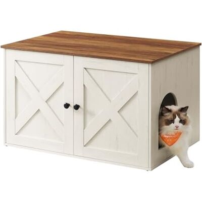 Feandrea Cat Litter Box Enclosure, Hidden Litter Box Furniture with Removable Divider, End Table, Indoor Cat House, 80 x 53 x 50 cm, Honey Brown and Rustic White PCL002P01V1 Feandrea Cat Litter Box Enclosure, Hidden Litter Box Furniture with Removable Divider, End Table, Indoor Cat House, 80 x 53 x 50 cm, Honey Brown and Rustic White PCL002P01V1
