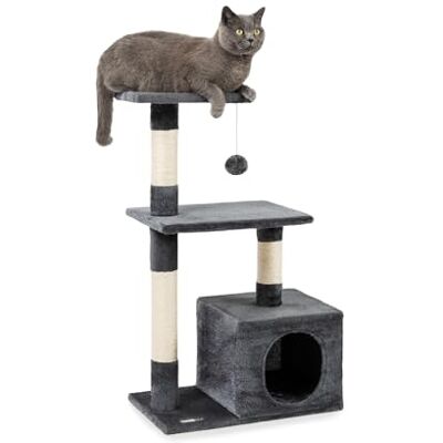 lionto Scratching tree for cats with cave and plush ball incl. bell, height 85 cm, cat tree with sisal & plush, cozy lying areas & cave, suitable for small & large cats, dark grey lionto Scratching tree for cats with cave and plush ball incl. bell, height 85 cm, cat tree with sisal & plush, cozy lying areas & cave, suitable for small & large cats, dark grey