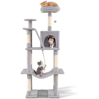 FANTASK Cat Scratching Post 158 cm, Cat Climbing Tree with Sisal Scratching Post, Cat Cave, Hammock, Platforms & Play Ball, Sturdy Cat Tower for Cats (Grey) FANTASK Cat Scratching Post 158 cm, Cat Climbing Tree with Sisal Scratching Post, Cat Cave, Hammock, Platforms & Play Ball, Sturdy Cat Tower for Cats (Grey)