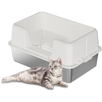 GarveeMore XXL Stainless Steel Cat Litter Tray, Semi-Closed Litter Box, Leak-Proof, Removable Toilet Houses for Cats, 60 x 40 x 36.5 cm, White GarveeMore XXL Stainless Steel Cat Litter Tray, Semi-Closed Litter Box, Leak-Proof, Removable Toilet Houses for Cats, 60 x 40 x 36.5 cm, White