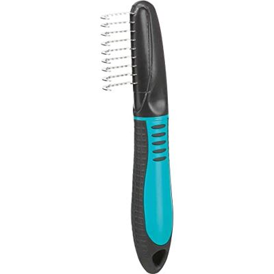 TRIXIE Coat de-matting tool for de-matting and thinning 3.5 cm tine length rubberised plastic handle 18 cm black/blue 24161 TRIXIE Coat de-matting tool for de-matting and thinning 3.5 cm tine length rubberised plastic handle 18 cm black/blue 24161