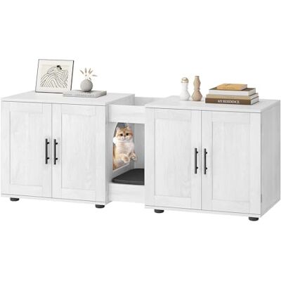GarveeTech 55" Large Cat Litter Box Enclosure for 2 Cats, Hidden Litter Box Furniture with Barn Doors, Double Room Wood Cat Washroom Bench, Rustic Litter Box Cabinet for Living Room & Bedroom, White GarveeTech 55" Large Cat Litter Box Enclosure for 2 Cats, Hidden Litter Box Furniture with Barn Doors, Double Room Wood Cat Washroom Bench, Rustic Litter Box Cabinet for Living Room & Bedroom, White