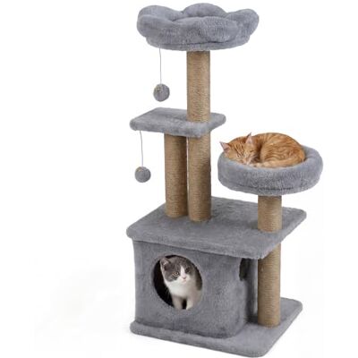 FANTASK 96 cm Cat Scratching Post with Cat Cave, Platform, Cat Bed, 2 Play Balls & Jute Posts, Sturdy Climbing Tree for Cats (Grey) FANTASK 96 cm Cat Scratching Post with Cat Cave, Platform, Cat Bed, 2 Play Balls & Jute Posts, Sturdy Climbing Tree for Cats (Grey)