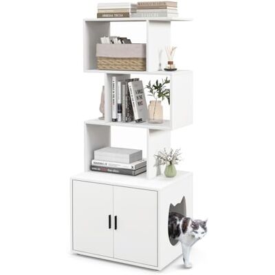 GYMAX Cat Litter Box Enclosure, 2-in-1 Hidden Kitty Washroom Furniture with 3-tier Shelves, Indoor Pet Furniture Wooden Cat Houses for Living Room Bedroom (White) GYMAX Cat Litter Box Enclosure, 2-in-1 Hidden Kitty Washroom Furniture with 3-tier Shelves, Indoor Pet Furniture Wooden Cat Houses for Living Room Bedroom (White)