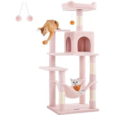 Feandrea Cat Tree Tower, 143 cm Multi-Level Plush Cat Condo with 4 Scratching Posts, 2 Perches, Cave, Hammock, Pompoms, Jelly Pink PCT161P01 Feandrea Cat Tree Tower, 143 cm Multi-Level Plush Cat Condo with 4 Scratching Posts, 2 Perches, Cave, Hammock, Pompoms, Jelly Pink PCT161P01