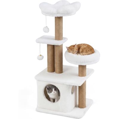 FANTASK 96 cm Cat Scratching Post with Cat Cave, Platform, Cat Bed, 2 Play Balls & Jute Posts, Sturdy Climbing Tree for Cats (Beige) FANTASK 96 cm Cat Scratching Post with Cat Cave, Platform, Cat Bed, 2 Play Balls & Jute Posts, Sturdy Climbing Tree for Cats (Beige)