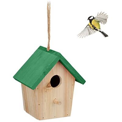 Relaxdays Decorative Birdhouse, Wood, Hanging Bird Box, 16 x 15 x 11 cm, Nest, Garden, Patio & Balcony, Natural/Green Relaxdays Decorative Birdhouse, Wood, Hanging Bird Box, 16 x 15 x 11 cm, Nest, Garden, Patio & Balcony, Natural/Green
