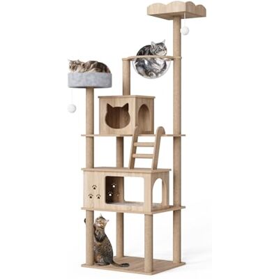 Mondeer Wooden Cat Tree for Large Cats, 185 cm Cat Tower with Scratching Post 2 Condos 2 Perches and Capsule Nest, Modern Style for Indoor Cats Mondeer Wooden Cat Tree for Large Cats, 185 cm Cat Tower with Scratching Post 2 Condos 2 Perches and Capsule Nest, Modern Style for Indoor Cats
