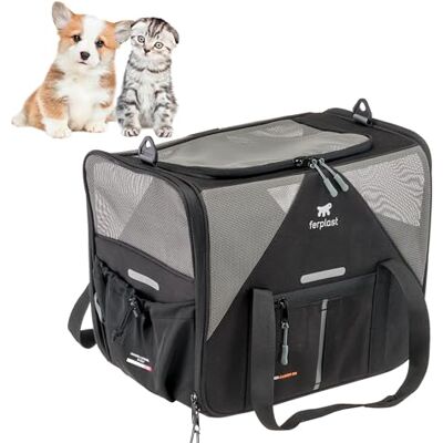 Ferplast Dog Carrier VOYAGER, Cat Carrier, Pet Carrier, Adjustable Handles and Shoulder Strap, Safety Belt, Double Side Opening, with Cushion, Max 15 kg, 45x30x h33 cm, Black Ferplast Dog Carrier VOYAGER, Cat Carrier, Pet Carrier, Adjustable Handles and Shoulder Strap, Safety Belt, Double Side Opening, with Cushion, Max 15 kg, 45x30x h33 cm, Black