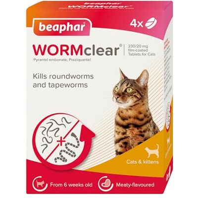 Beaphar WORMclear® Tablets for Cats 4 Tablet Pack Kills All Common UK Intestinal Worms (Roundworms & Tapeworms) Ideal for Multi-Cat Households Vet Strength For Cats Over 6 Weeks Old & 1kg Beaphar WORMclear® Tablets for Cats 4 Tablet Pack Kills All Common UK Intestinal Worms (Roundworms & Tapeworms) Ideal for Multi-Cat Households Vet Strength For Cats Over 6 Weeks Old & 1kg