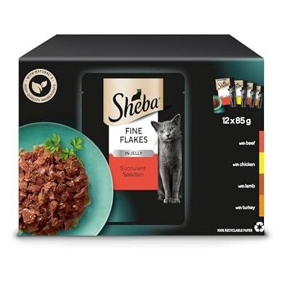 Sheba Fine Flakes Wet Cat Food Pouches MultiPack Succulent Collection with Beef, Chicken, Lamb and Turkey in Jelly, Pack of 4 (4 x 12 Pouches x 85 g) Sheba Fine Flakes Wet Cat Food Pouches MultiPack Succulent Collection with Beef, Chicken, Lamb and Turkey in Jelly, Pack of 4 (4 x 12 Pouches x 85 g)