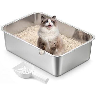 Feandrea Stainless Steel Litter Box, Open Top Cat Litter Tray with Scoop, Silver, 50 x 35 x 15 cm for Medium and Large Cats PPT016E101 Feandrea Stainless Steel Litter Box, Open Top Cat Litter Tray with Scoop, Silver, 50 x 35 x 15 cm for Medium and Large Cats PPT016E101