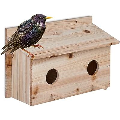 Relaxdays Nesting Box for Starlings, Fir Wood, 2 Entrances Ø5 cm, Perch, Bird House to Hang, HWD: 22x35x18cm, Natural Relaxdays Nesting Box for Starlings, Fir Wood, 2 Entrances Ø5 cm, Perch, Bird House to Hang, HWD: 22x35x18cm, Natural
