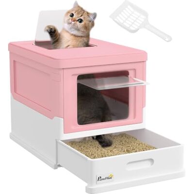 PawHut Cat Litter Tray with Lid, Scoop for Medium Cats Pink Foldable Hooded Litter Tray with Pull-Out Drawer Pan, Easy Clean, Odour Control, Anti-Splashing, 2 Entrances PawHut Cat Litter Tray with Lid, Scoop for Medium Cats Pink Foldable Hooded Litter Tray with Pull-Out Drawer Pan, Easy Clean, Odour Control, Anti-Splashing, 2 Entrances