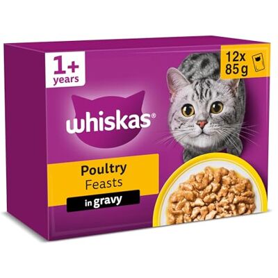 whiskas Adult Wet Cat Food in Gravy 12x85g Poultry Feasts (Pack of 4) whiskas Adult Wet Cat Food in Gravy 12x85g Poultry Feasts (Pack of 4)