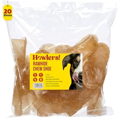 HOWLERS 12.5cm Pack of 20 Natural Rawhide Dog Chew Shoes Rawhide Shoes For Dogs Made From 100% Natura Hide Dog Chews Long Lasting Natural Ingredients HOWLERS 12.5cm Pack of 20 Natural Rawhide Dog Chew Shoes Rawhide Shoes For Dogs Made From 100% Natura Hide Dog Chews Long Lasting Natural Ingredients