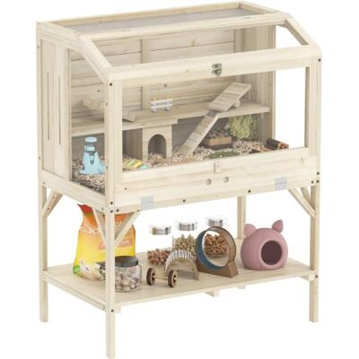 PawHut Wooden Hamster Cage, 2 Tier Transparent Gerbil Cage with Storage Shelf, Openable Top, Tray, Seesaws, Ramp, Water Bottle, Small Animal Habitat for Syrian, Gerbils, Rats, Rodent, 84 x 53 x 110 cm PawHut Wooden Hamster Cage, 2 Tier Transparent Gerbil Cage with Storage Shelf, Openable Top, Tray, Seesaws, Ramp, Water Bottle, Small Animal Habitat for Syrian, Gerbils, Rats, Rodent, 84 x 53 x 110 cm