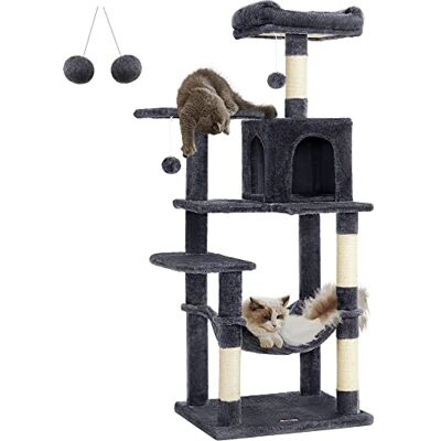 Feandrea Cat Tree Tower, 143 cm Multi-Level Plush Cat Condo with 4 Scratching Posts, 2 Perches, Cave, Hammock, Pompoms, Smoky Grey PCT161G01 Feandrea Cat Tree Tower, 143 cm Multi-Level Plush Cat Condo with 4 Scratching Posts, 2 Perches, Cave, Hammock, Pompoms, Smoky Grey PCT161G01