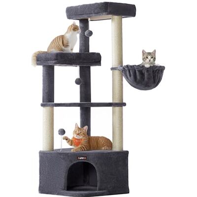 Feandrea Cat Tree Tower, 48.5 x 48.5 x 140.7 cm, Cat Condo with Large Cave, Large Perches, Scratching Posts, Pompoms, Basket, Dark Grey PCT009G02 Feandrea Cat Tree Tower, 48.5 x 48.5 x 140.7 cm, Cat Condo with Large Cave, Large Perches, Scratching Posts, Pompoms, Basket, Dark Grey PCT009G02