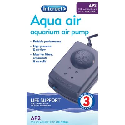 Interpet Aqua Air Oxygen Pump for Aquarium Fish Tank Aeration, Quiet, Powerful, 1 Outlet, AP2 for Aquariums 51-100 Litre Interpet Aqua Air Oxygen Pump for Aquarium Fish Tank Aeration, Quiet, Powerful, 1 Outlet, AP2 for Aquariums 51-100 Litre