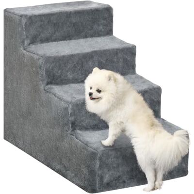 PawHut Dog Steps for Sofa, 4 Steps Dog Stairs, Pet Stairs, with Washable Plush Cover, for Small Breeds, Cats Light Grey PawHut Dog Steps for Sofa, 4 Steps Dog Stairs, Pet Stairs, with Washable Plush Cover, for Small Breeds, Cats Light Grey