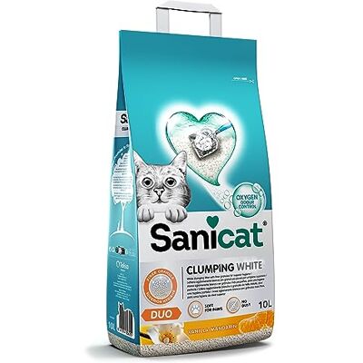 Sanicat White Clumping Cat Litter Vanilla and Mandarin Scent Made from natural minerals with odor control Absorbs moisture and forms clumps for easy cleaning 10 L capacity Sanicat White Clumping Cat Litter Vanilla and Mandarin Scent Made from natural minerals with odor control Absorbs moisture and forms clumps for easy cleaning 10 L capacity