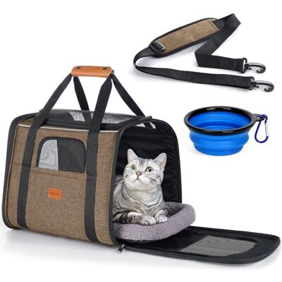 Morpilot Cat Carrier Airline Approved, Top Opening Portable Dog Bag with Breathable Mesh/Removable Mat, Adjustable Shoulder Strap & Bowl, Foldable Travel Cage, M, Brown (Max 7kg) Morpilot Cat Carrier Airline Approved, Top Opening Portable Dog Bag with Breathable Mesh/Removable Mat, Adjustable Shoulder Strap & Bowl, Foldable Travel Cage, M, Brown (Max 7kg)