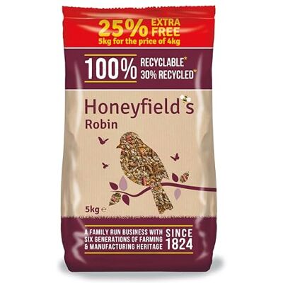 Honeyfield's Wild Bird Food for Small Birds Robin Food Mix, Kibbled Sunflower Hearts and Mealworms, High in Energy and Protein, Great for Hanging Feeders, Bird Tables, and Ground Feeding (5kg) Honeyfield’s Honeyfield's Wild Bird Food for Small Birds Robin Food Mix, Kibbled Sunflower Hearts and Mealworms, High in Energy and Protein, Great for Hanging Feeders, Bird Tables, and Ground Feeding (5kg) Honeyfield’s