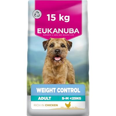 Eukanuba Weight Control Low Fat Dog Food with Chicken Complete Dry Dog Food for Small & Medium Breed Adult Dogs, 15kg Eukanuba Weight Control Low Fat Dog Food with Chicken Complete Dry Dog Food for Small & Medium Breed Adult Dogs, 15kg