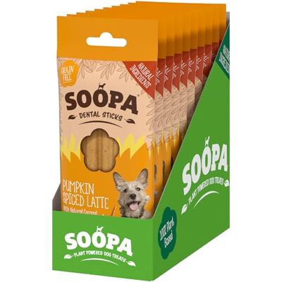 Soopa Pumpkin Spiced Latte Dental Sticks, Vegan, Human-Grade Dog Chews to Clean Teeth, Breath Freshener, Aid Digestion, Natural, Superfood, Healthy, Grain Free Dog Treats, 100 g, 10-Pack Soopa Pumpkin Spiced Latte Dental Sticks, Vegan, Human-Grade Dog Chews to Clean Teeth, Breath Freshener, Aid Digestion, Natural, Superfood, Healthy, Grain Free Dog Treats, 100 g, 10-Pack