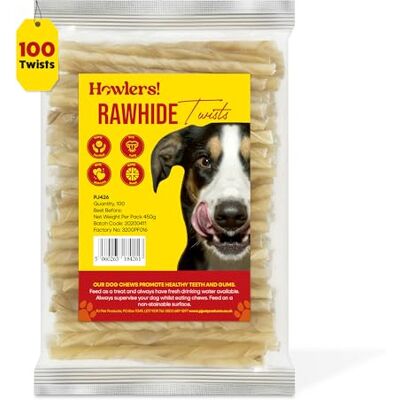 HOWLERS Natural 13cm Pack of 100 Dog Chew Rawhide Twists Natural Dog Chews Stick For All Dogs Delicious Dog Chew Sticks For Your Furry Friend HOWLERS Natural 13cm Pack of 100 Dog Chew Rawhide Twists Natural Dog Chews Stick For All Dogs Delicious Dog Chew Sticks For Your Furry Friend