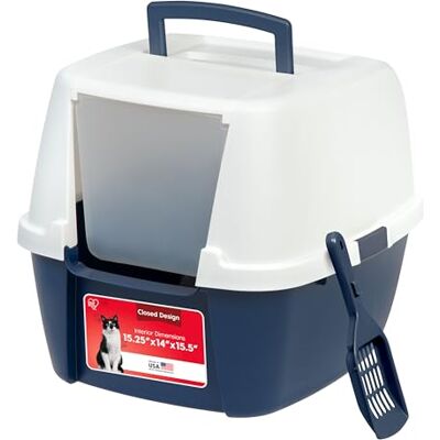 IRIS USA Jumbo Enclosed Cat Litter Box with Front Door Flap and Scoop, Hooded Kitty Litter Tray with Easy Access Lift Top Handle and Buckles for Portability and Privacy, Navy/White IRIS USA Jumbo Enclosed Cat Litter Box with Front Door Flap and Scoop, Hooded Kitty Litter Tray with Easy Access Lift Top Handle and Buckles for Portability and Privacy, Navy/White
